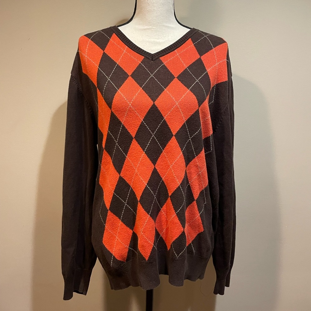 Max Orange V-Neck Argyle Lightweight Orange Brown Sweater - Picture 2 of 7